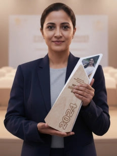 Woman holding a 2024 calendar with a blurred background