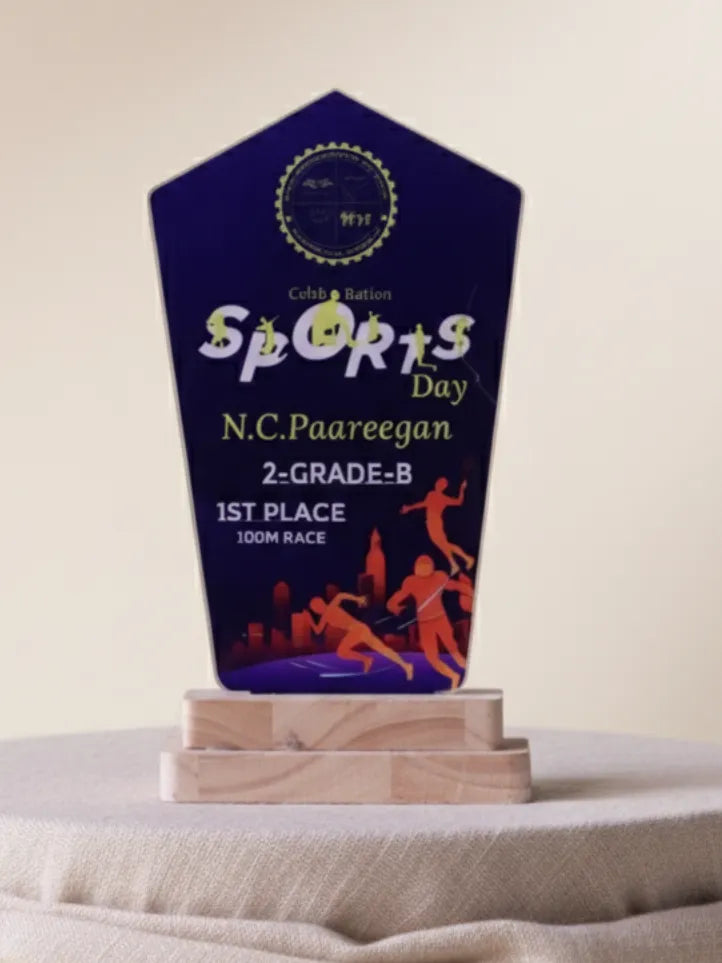 Sports day trophy with text and images on a beige background