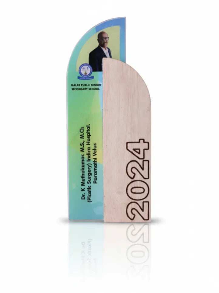 Wooden plaque with a colorful banner on a white background