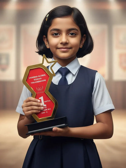 Young girl in school uniform holding a trophy with a blurred background