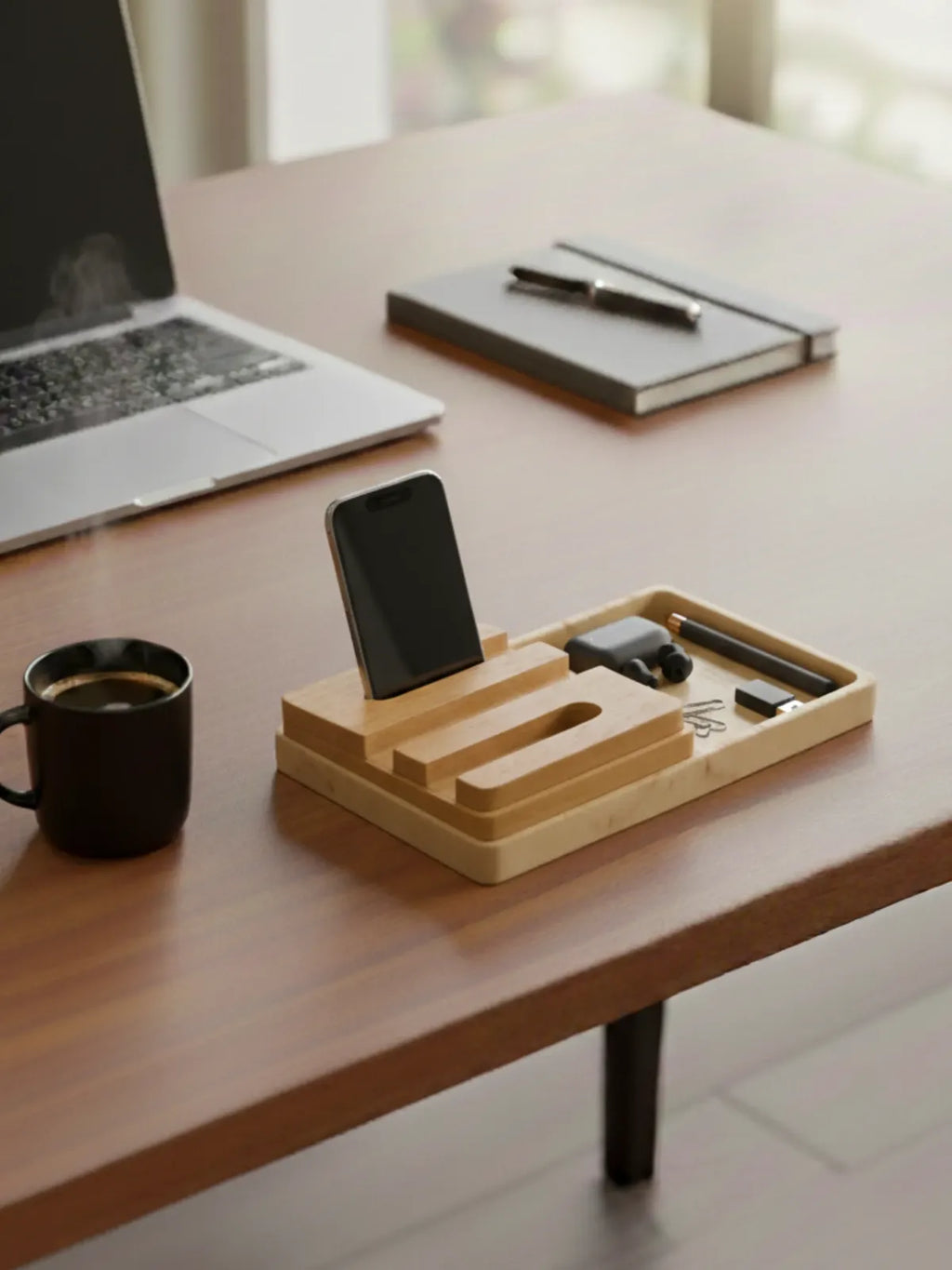 Wooden desk organizer with phone, pen, and other items on a desk with a laptop and coffee cup.