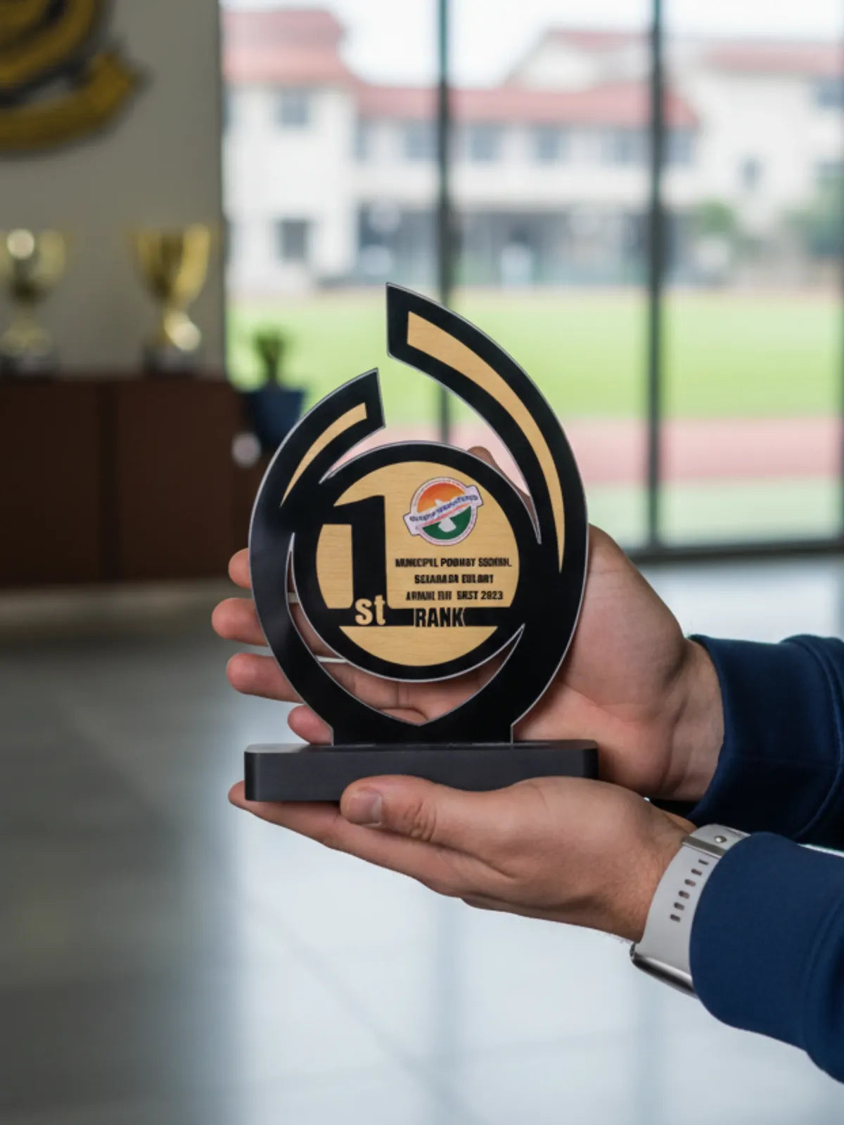 Hand holding a black and gold award with visible branding in an indoor setting.