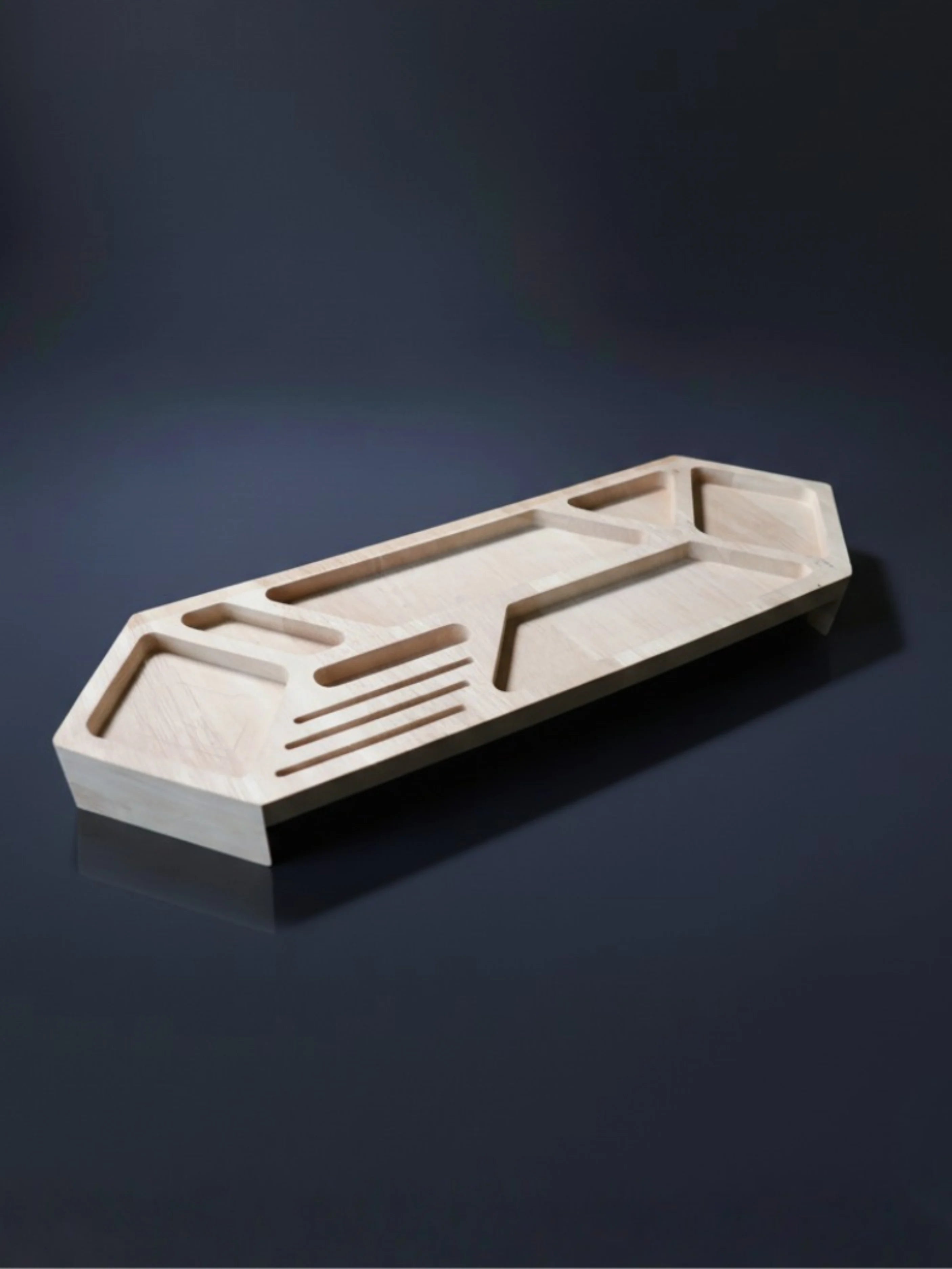 Handcrafted wooden desk organizer tray with geometric carved pattern - minimalist design dark wood background