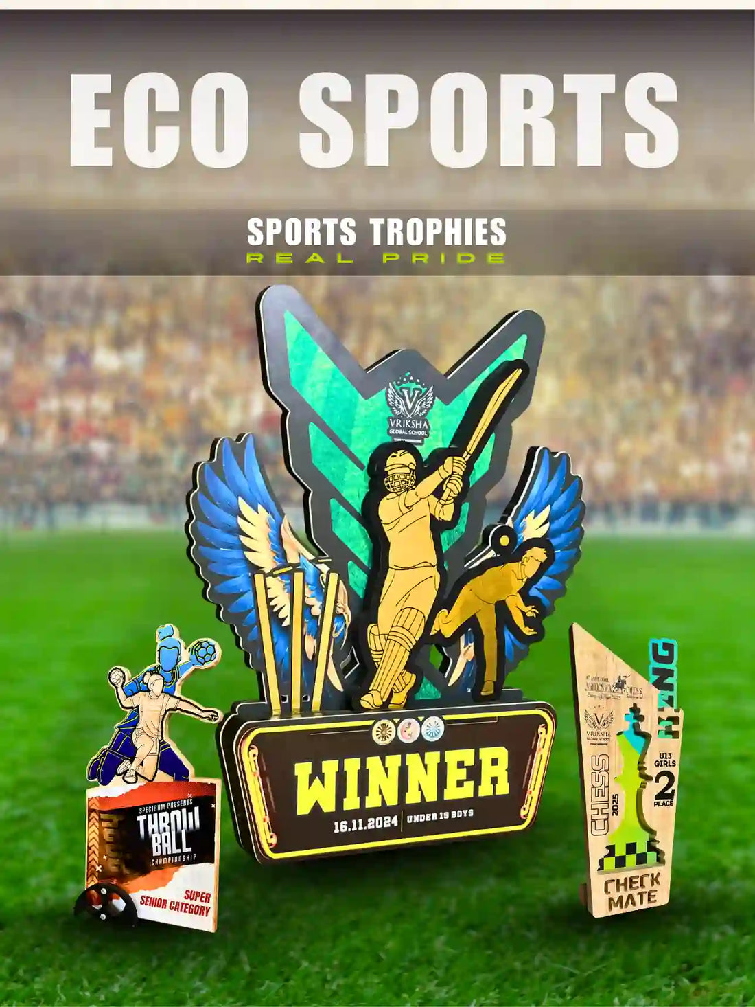 Sports trophies with 'Winner' label on a sports field background, branded 'Eco Sports'.