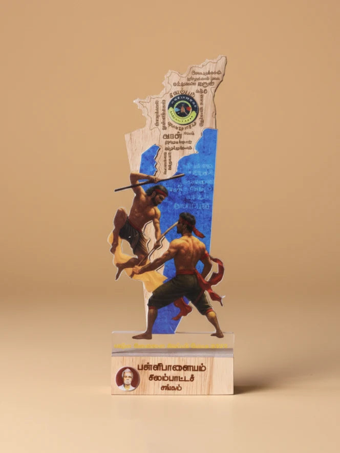 Wooden sculpture of a warrior with a blue background on a beige surface