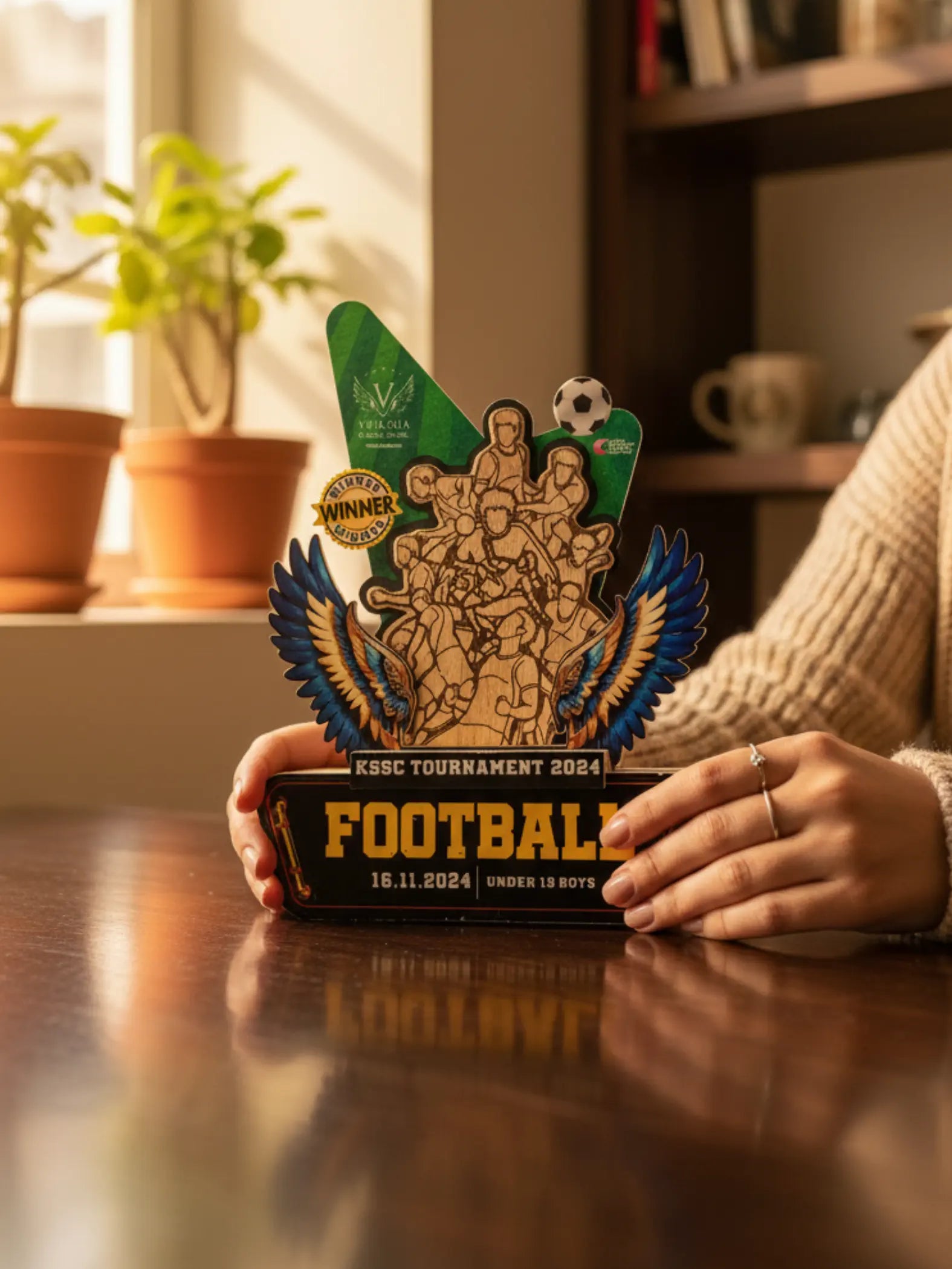 Person holding a wooden trophy with 'KSECC Tournament 2024 Football' text on a wooden table.