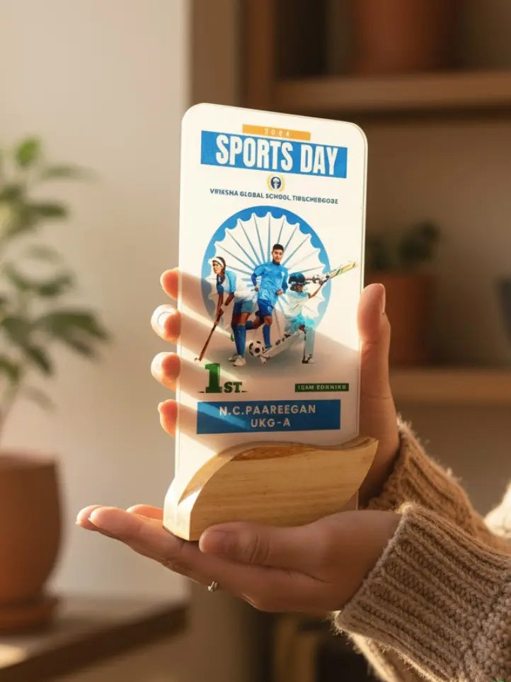 Hand holding a sports day award with a blurred indoor background