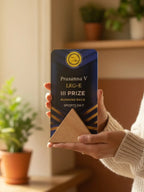 Sports trophy displayed in award ceremony presentation setting