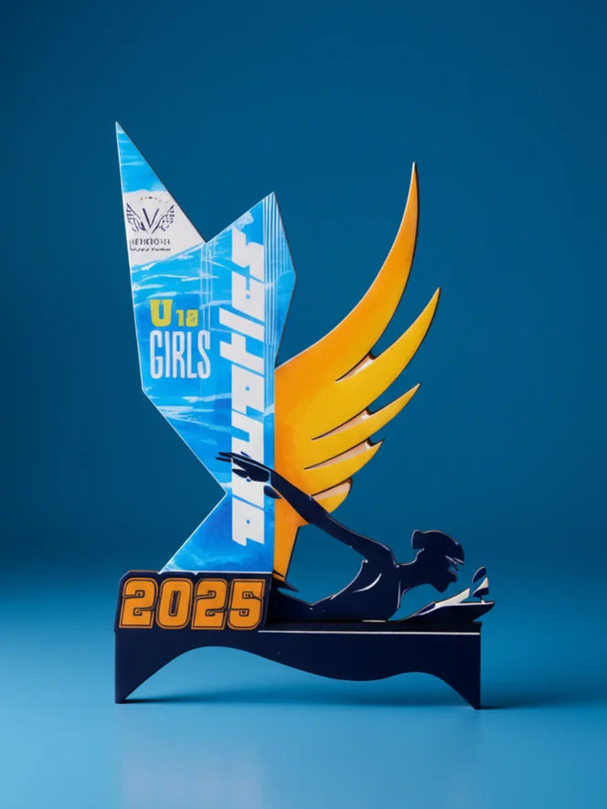 Trophy with blue and orange design on a blue background