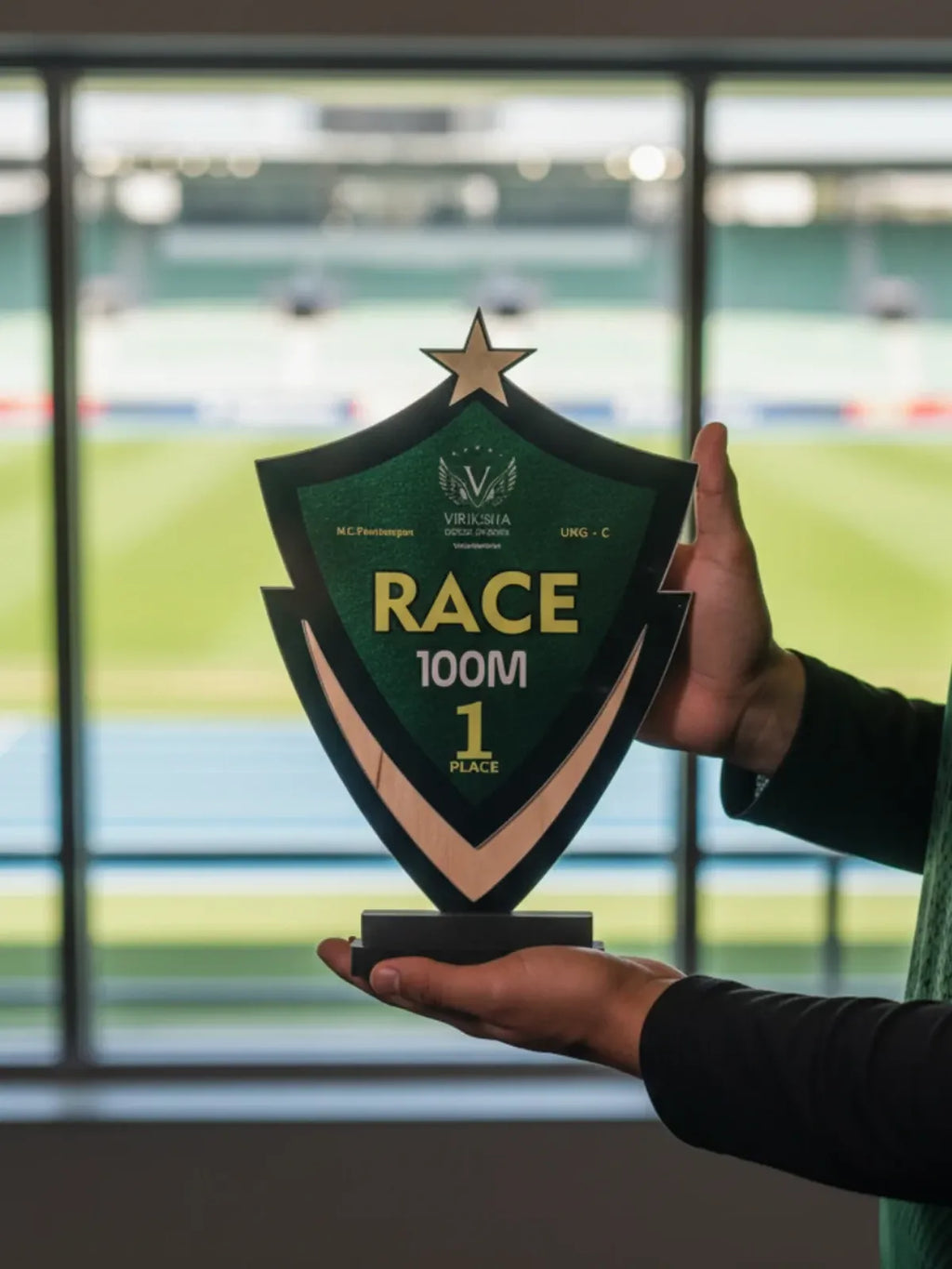Person holding a trophy with 'RACE 100M' on it in front of a sports field.