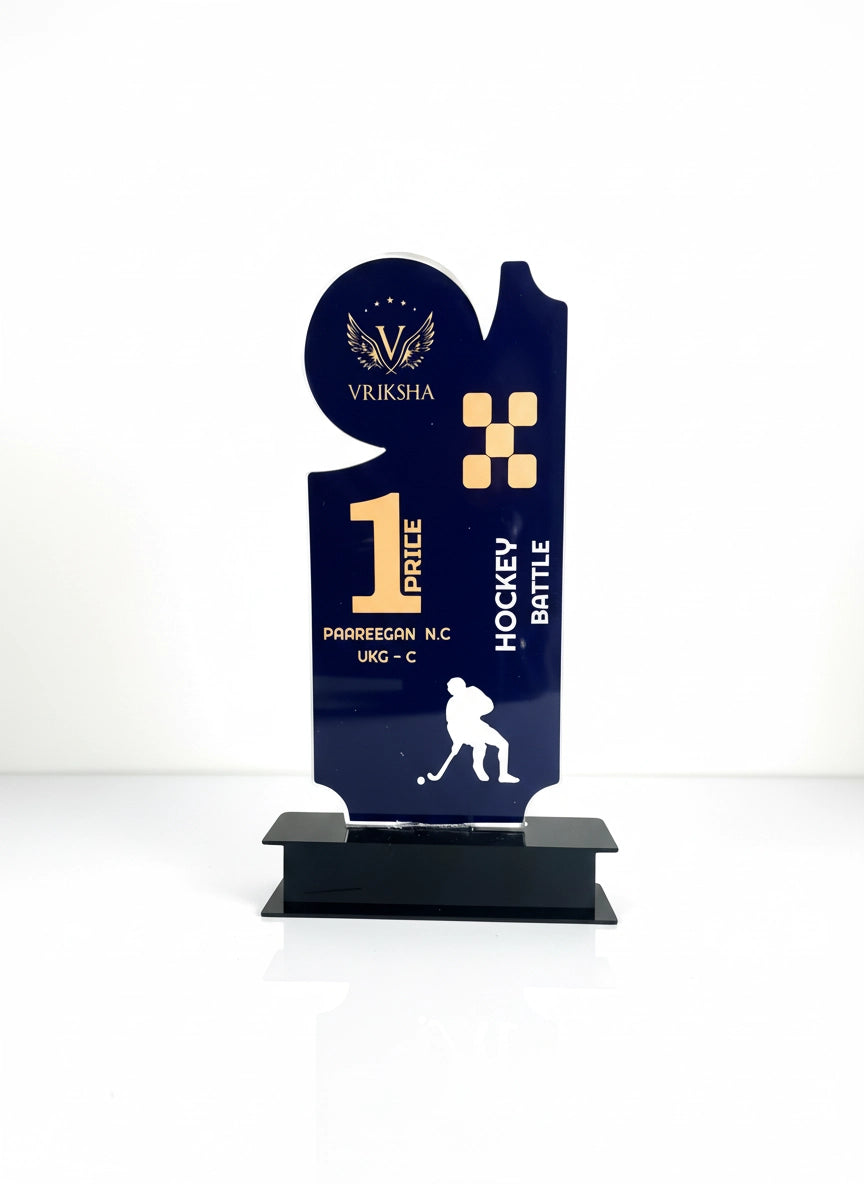 Hockey trophy with blue base and gold accents on a white background