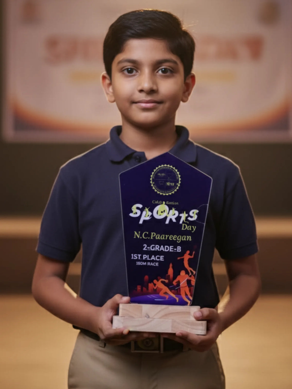 Personalized gold sports trophy with custom engraving for first place winner - premium award with star design