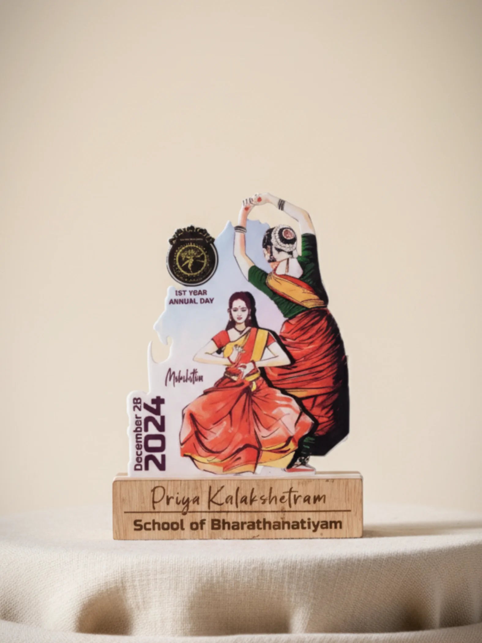 Trophy with dancer illustration and text on a beige background