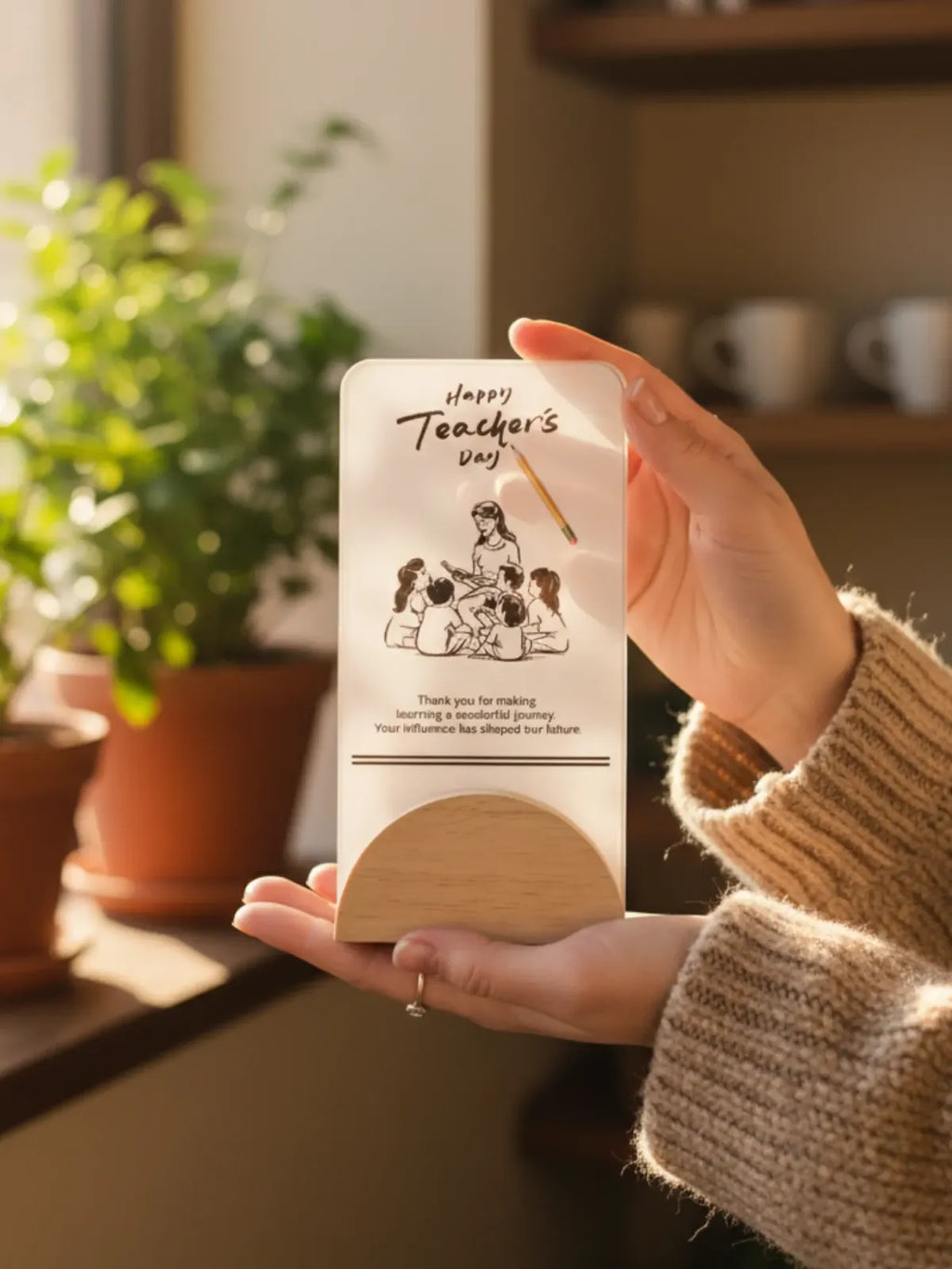 Hand holding a small wooden plaque with 'Happy Teacher's Day' message in a home setting.