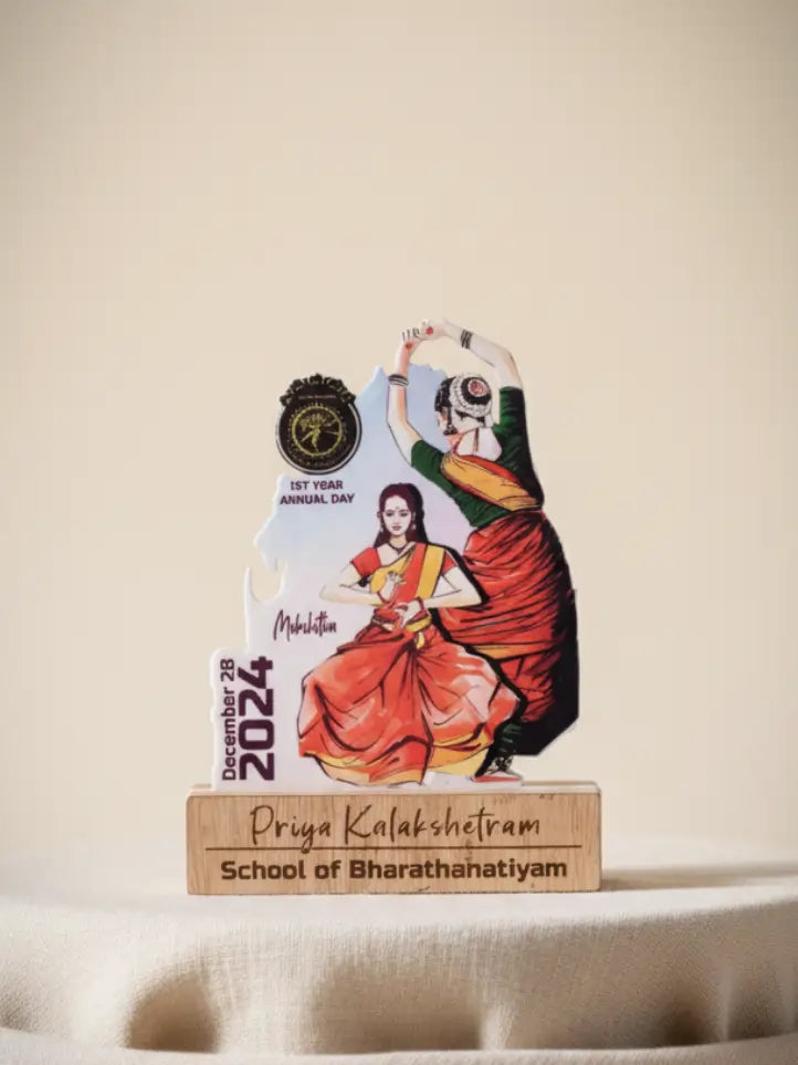 Wooden stand with a dancer illustration and text on a beige background