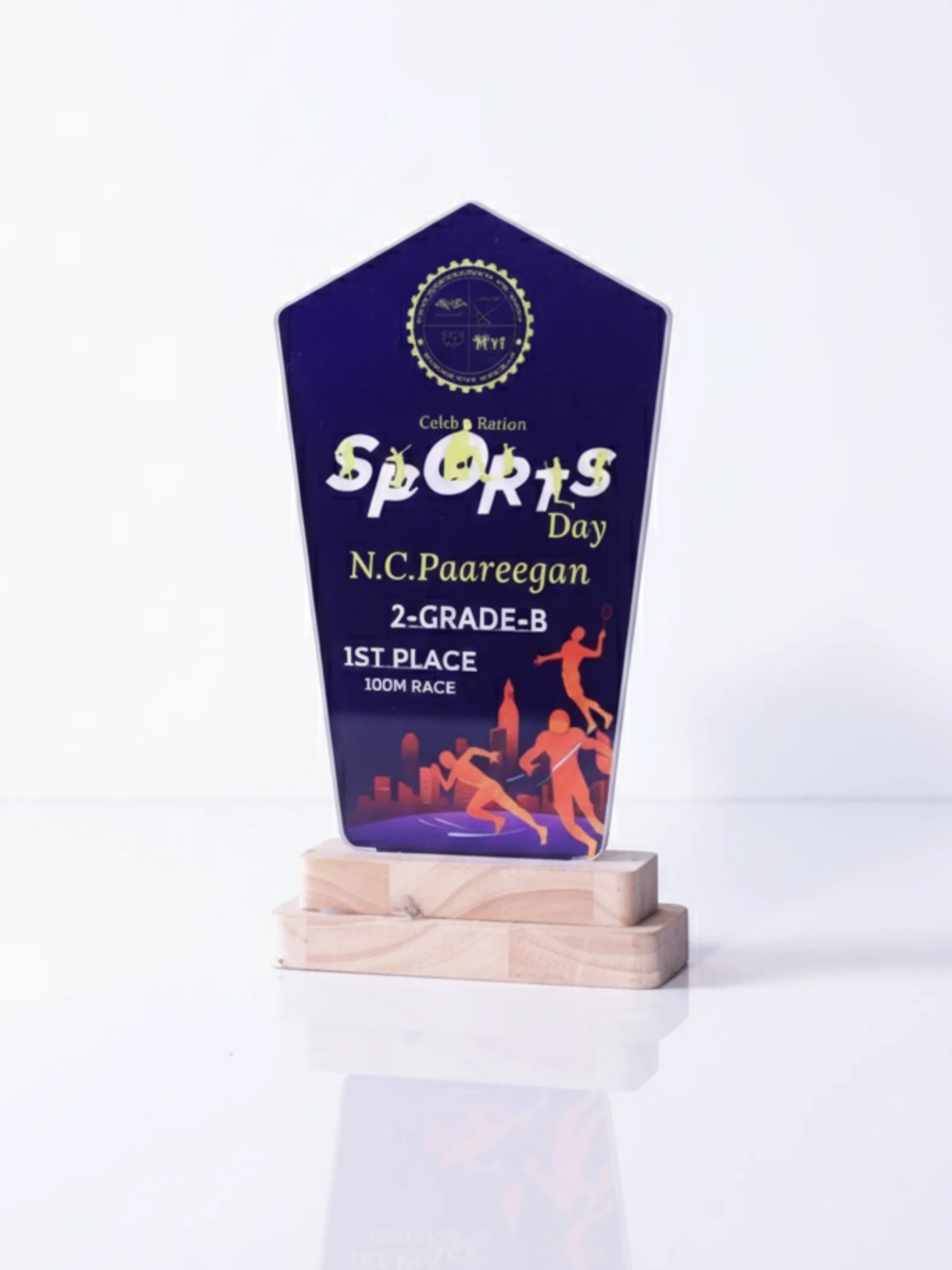 Gold personalized trophy for sports competition winners - custom first place award with engraved details