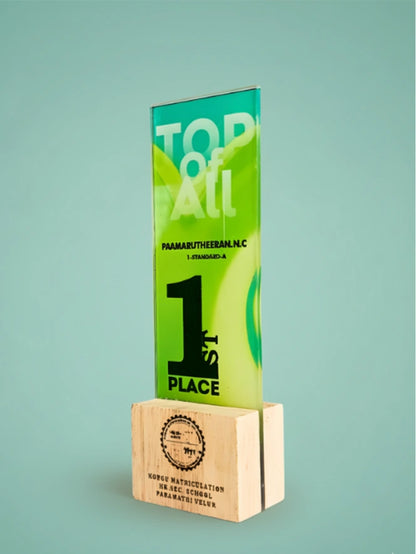 Green and wooden award with 'Top of All' and '1st Place' text on a light green background