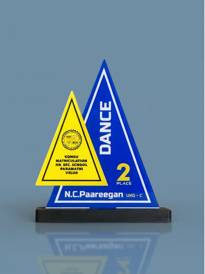 Triangular award with yellow and blue design on a gray background