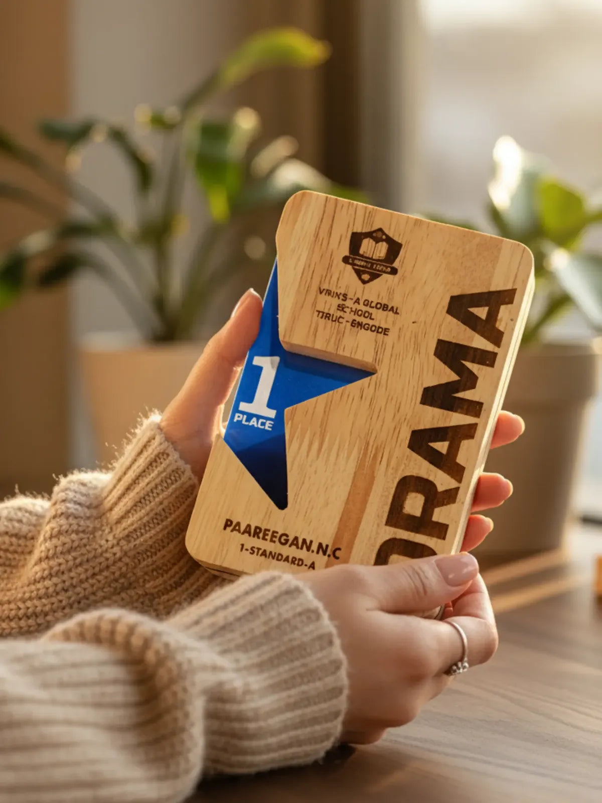 Dramatic excellence award wooden trophy - premium theater award with natural wood base for acting and drama achievements