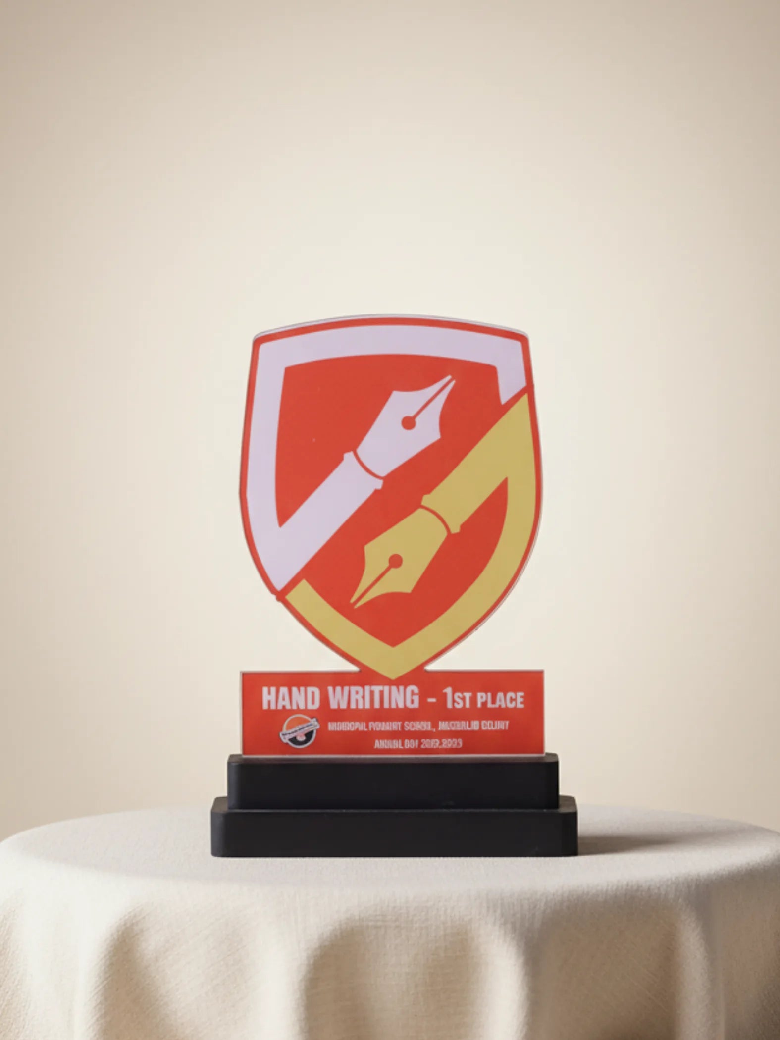 Trophy with a red and yellow design on a beige background