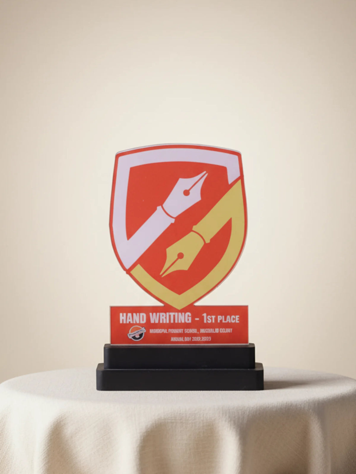 Trophy with a red and yellow design on a beige background