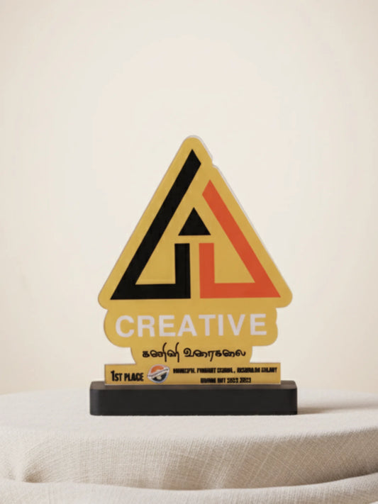 Side profile view of Creative Excellence Trophy displaying dimensional design and award-winning trophy structure