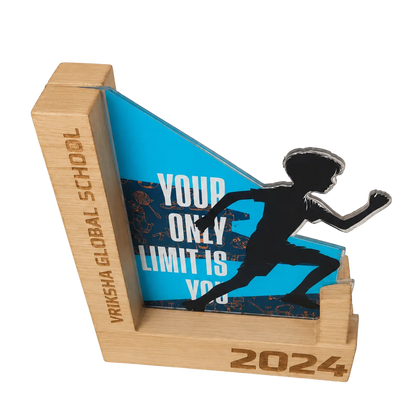 Trophy with wooden base and blue plaque featuring a running figure and text, on a white background.