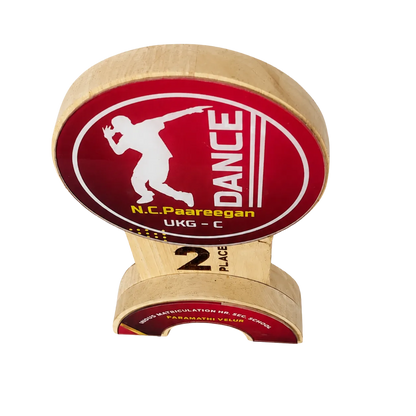 Dance competition trophy with red and gold design on a white background