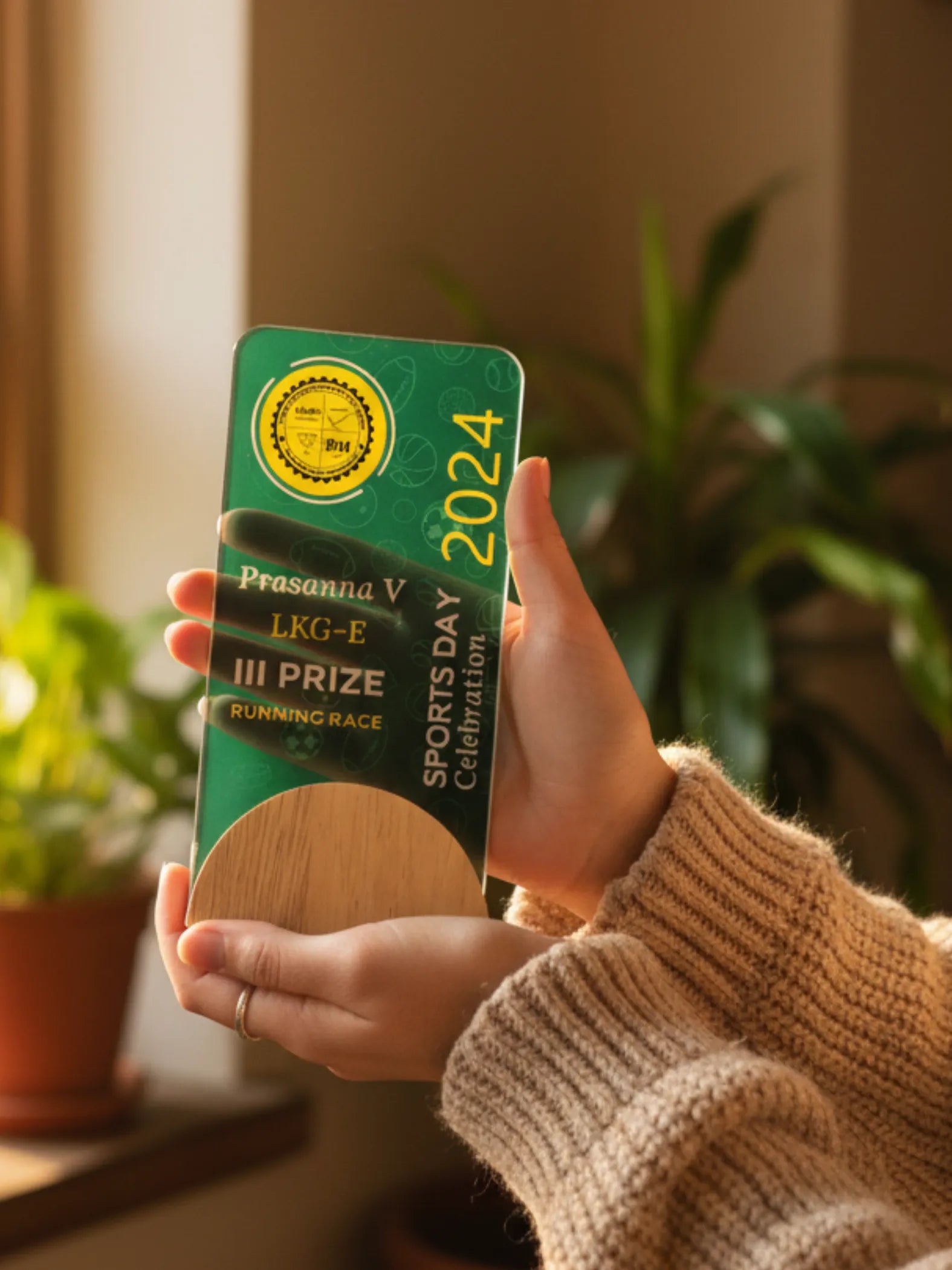 Hand holding a green and gold award plaque with '2024' and 'III Prize' text, against a blurred indoor background.