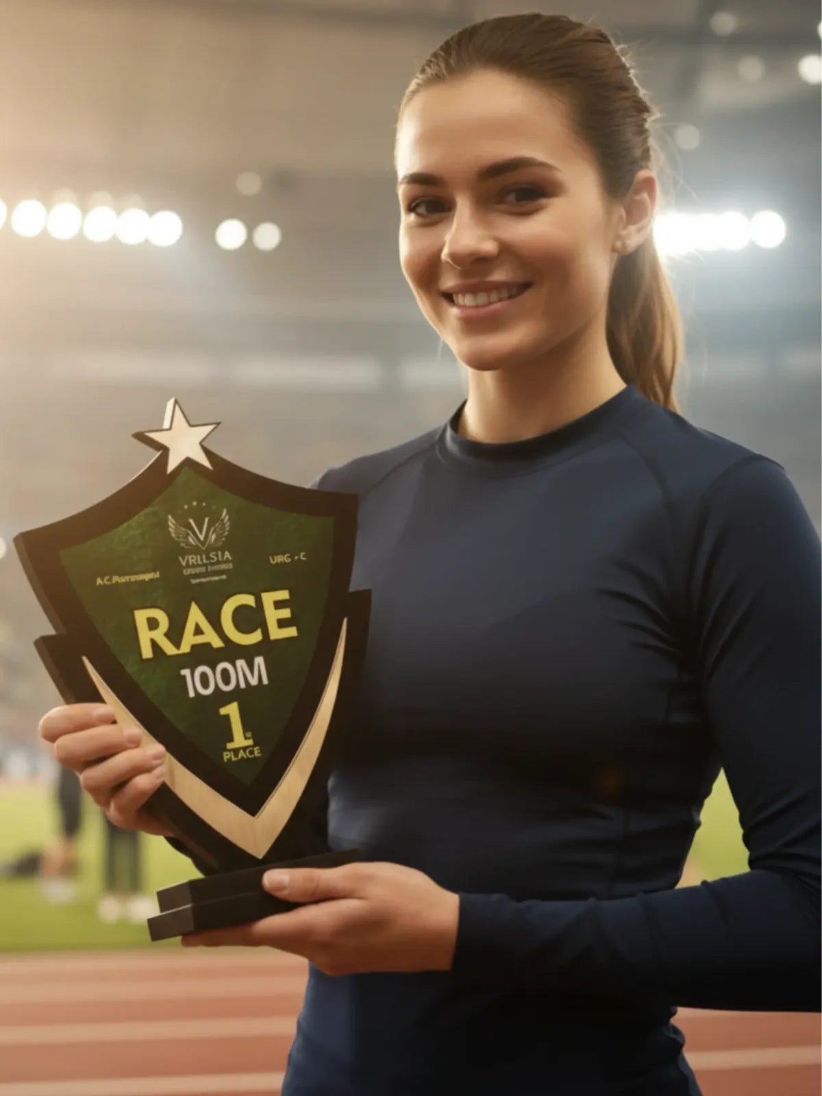 Woman holding a trophy on a track and field background