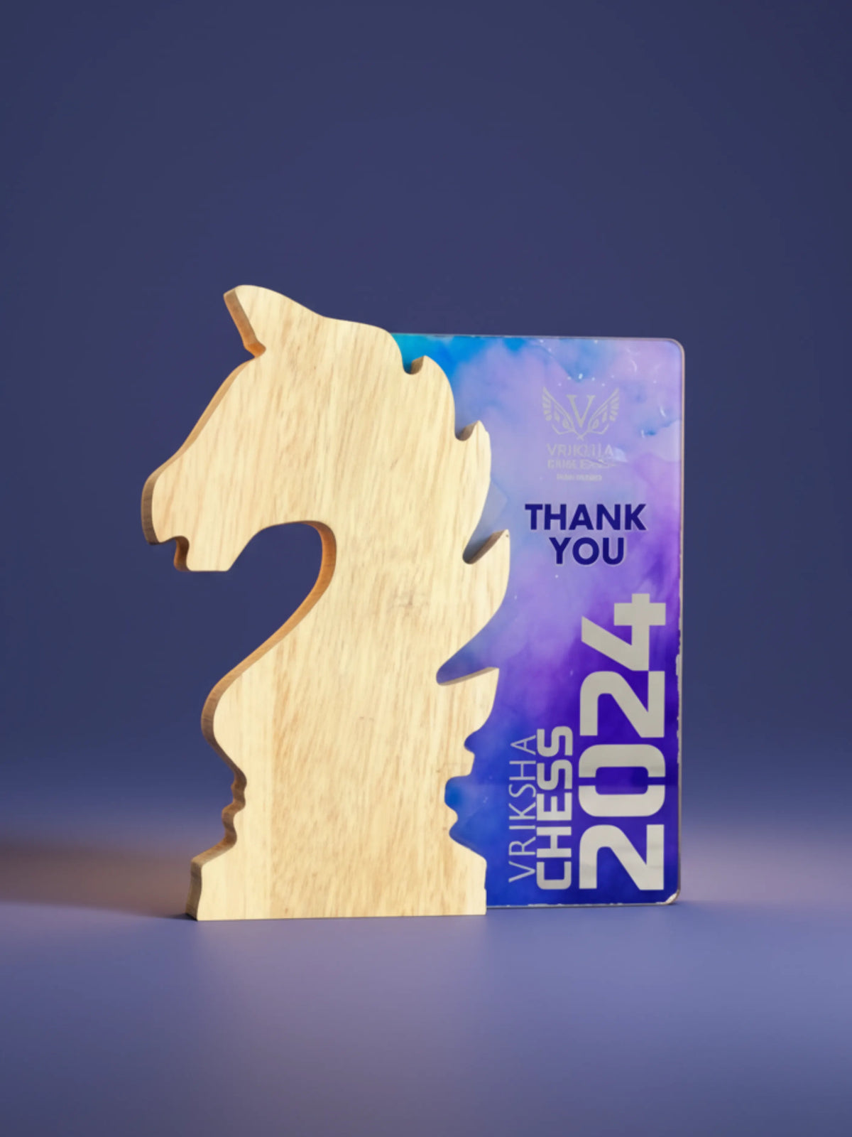 Wooden chess piece and branded card on a blue background