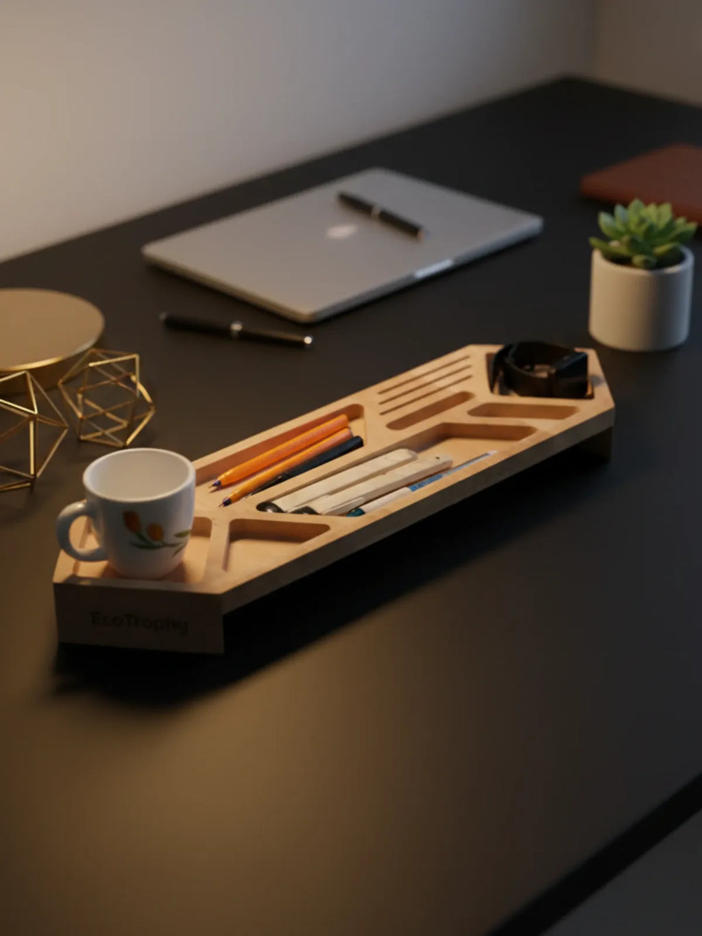 Premium wooden desk organizer tray filled with pens, pencils and stationery - dark wood surface home office setup