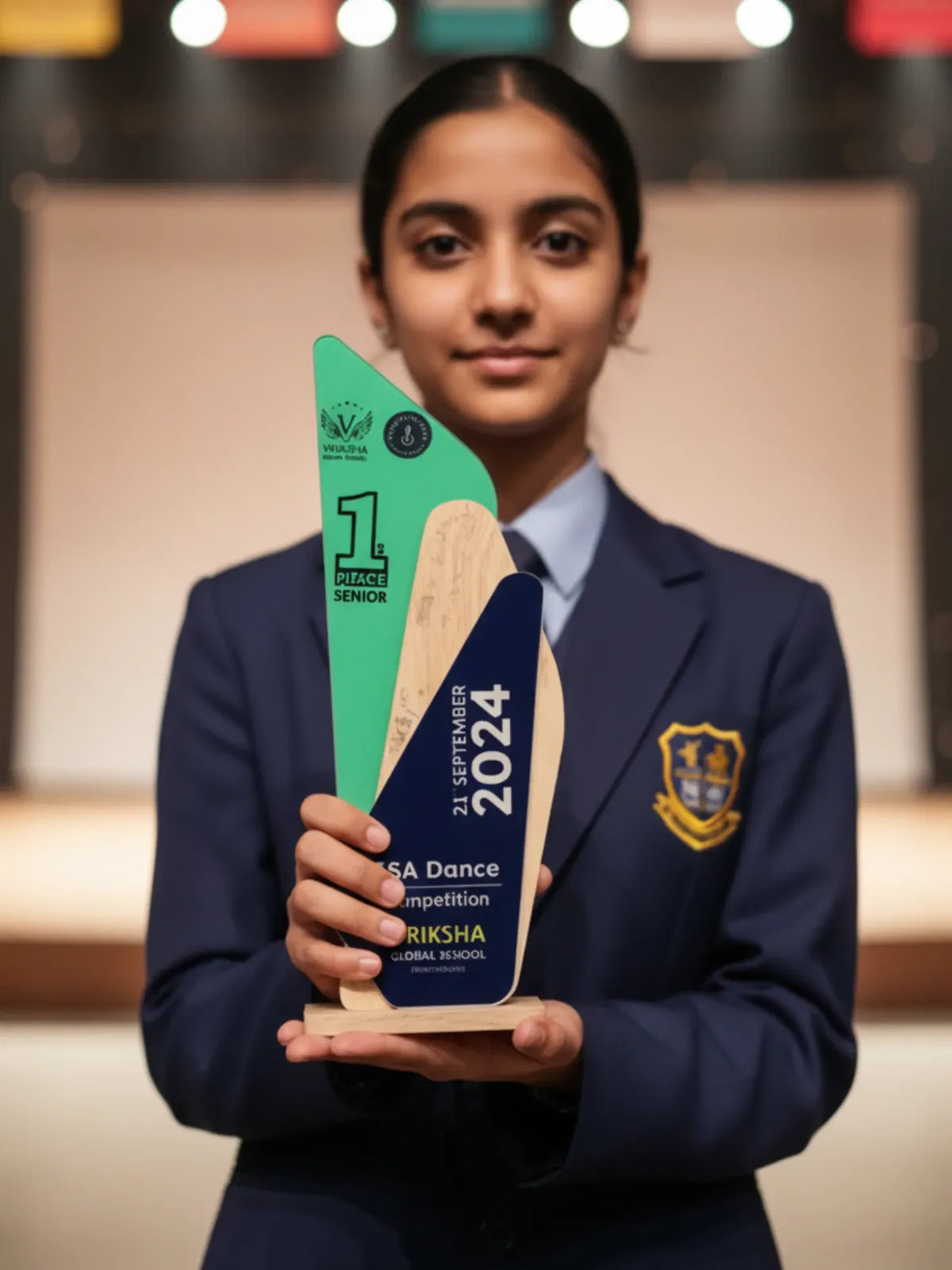 Person in a school uniform holding an award with '2024' on it