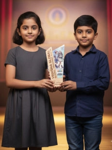 Two children holding a book with a colorful cover against a warm-toned background