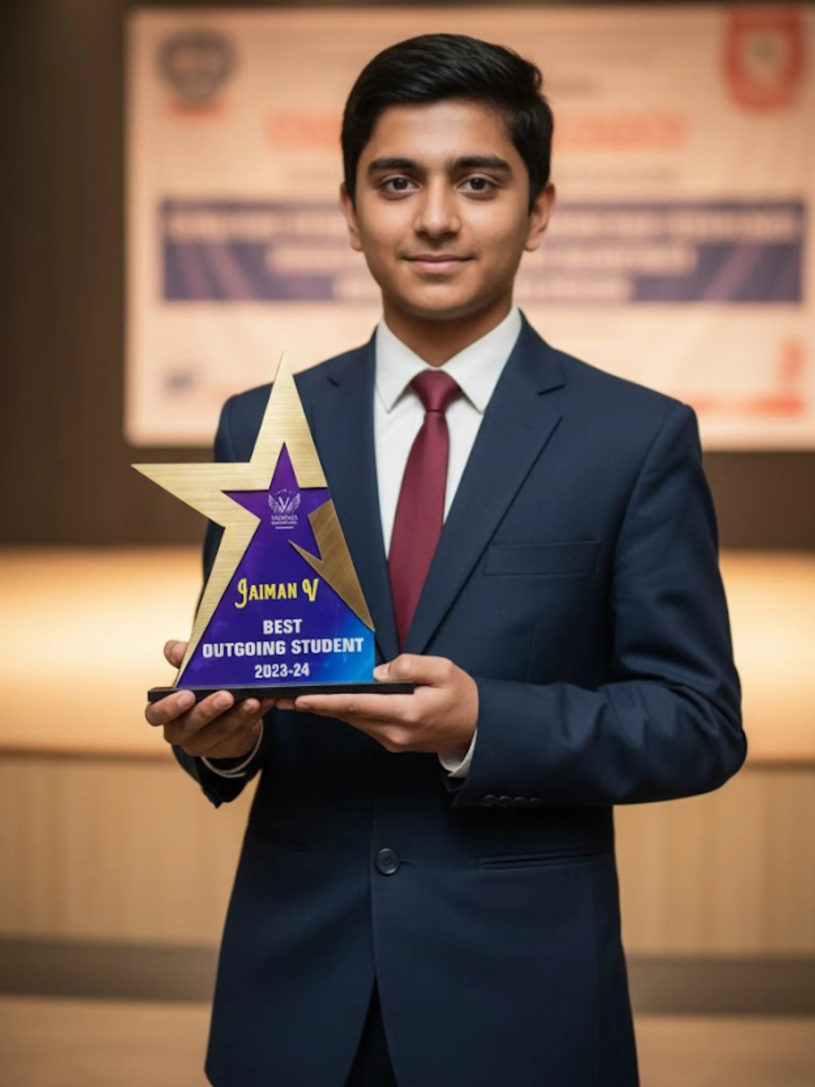 Close-up view displaying the engraved base plate showing student name, achievement, grade, and school details for the award.