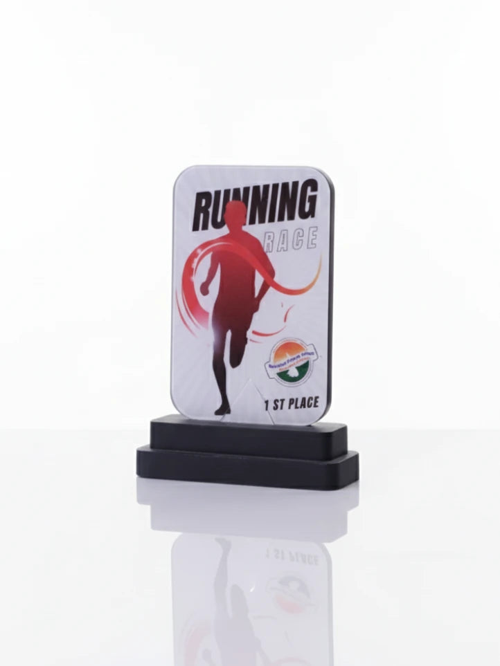 Running race trophy with a white base and black top on a white background