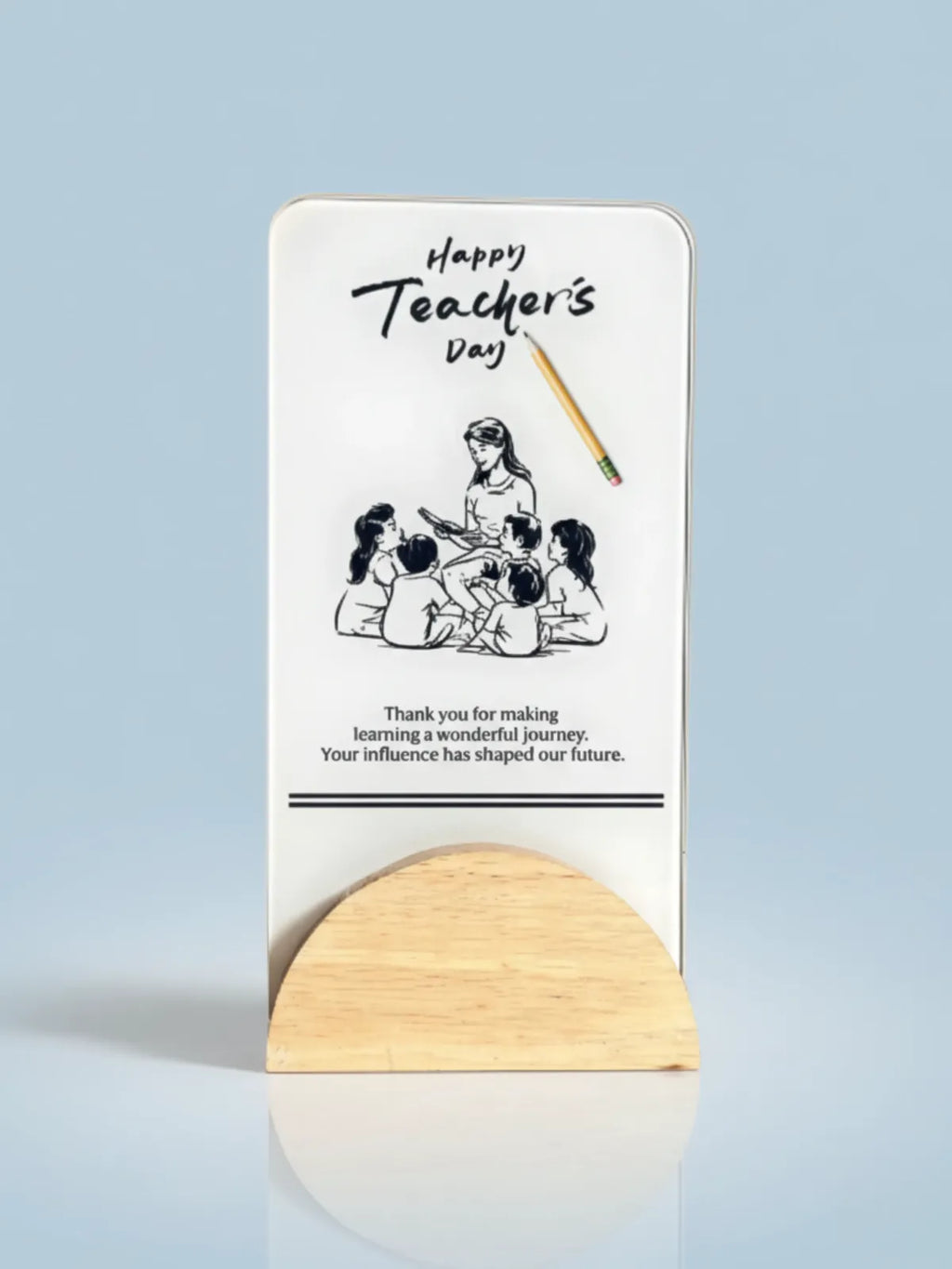 Teacher's Day card with a wooden stand on a light blue background