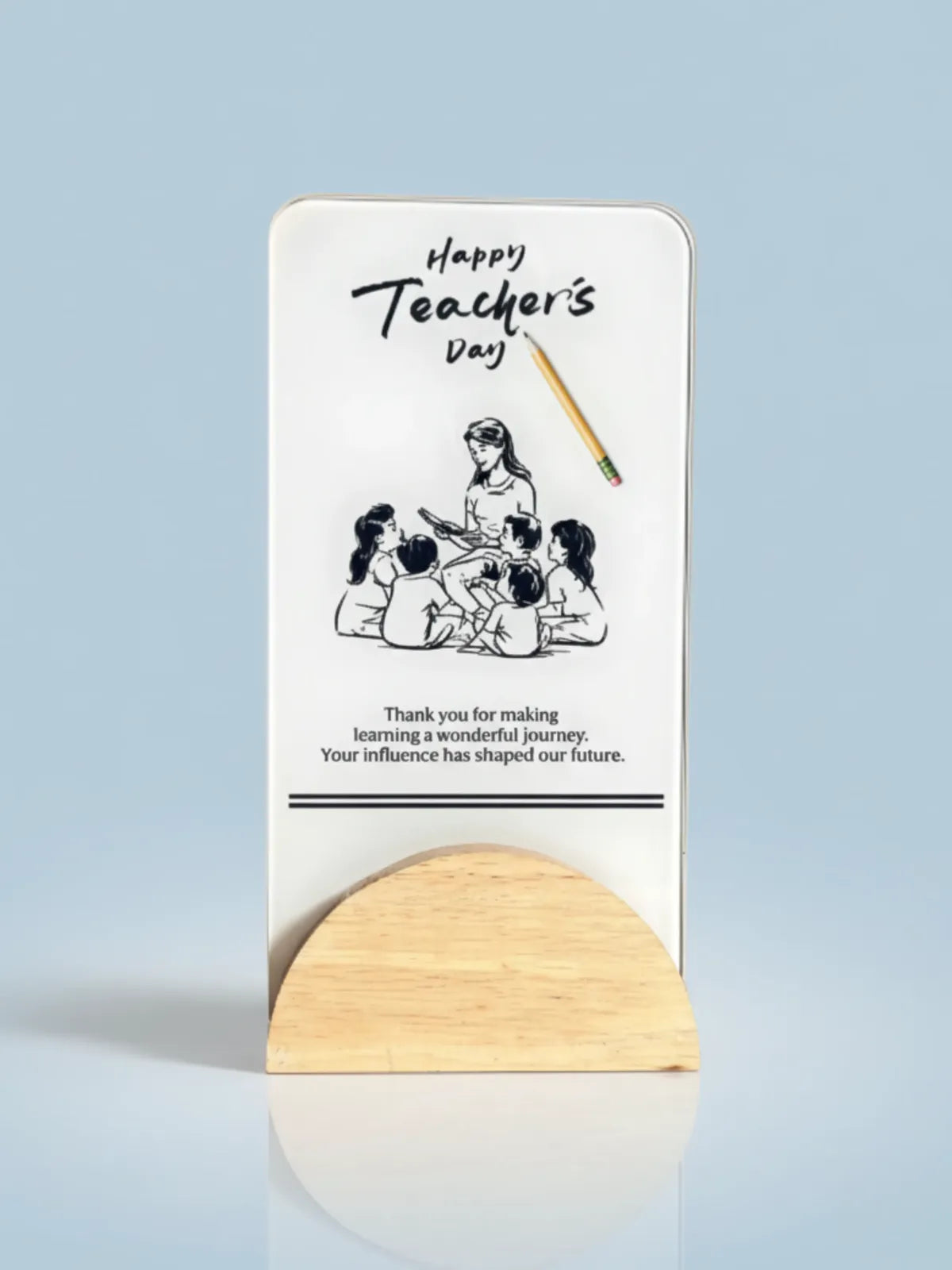Teacher's Day card with a wooden stand on a light blue background