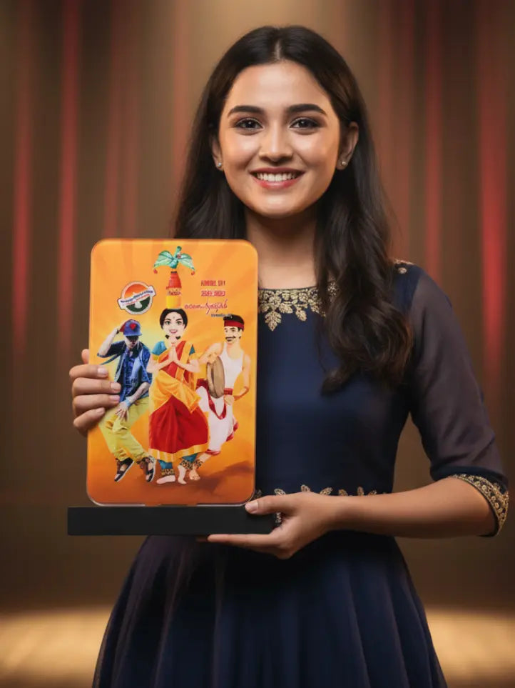Woman holding a decorative box with colorful illustrations against a brown background