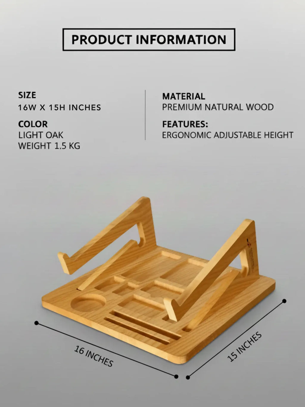 Wooden phone stand with product information on a gray background