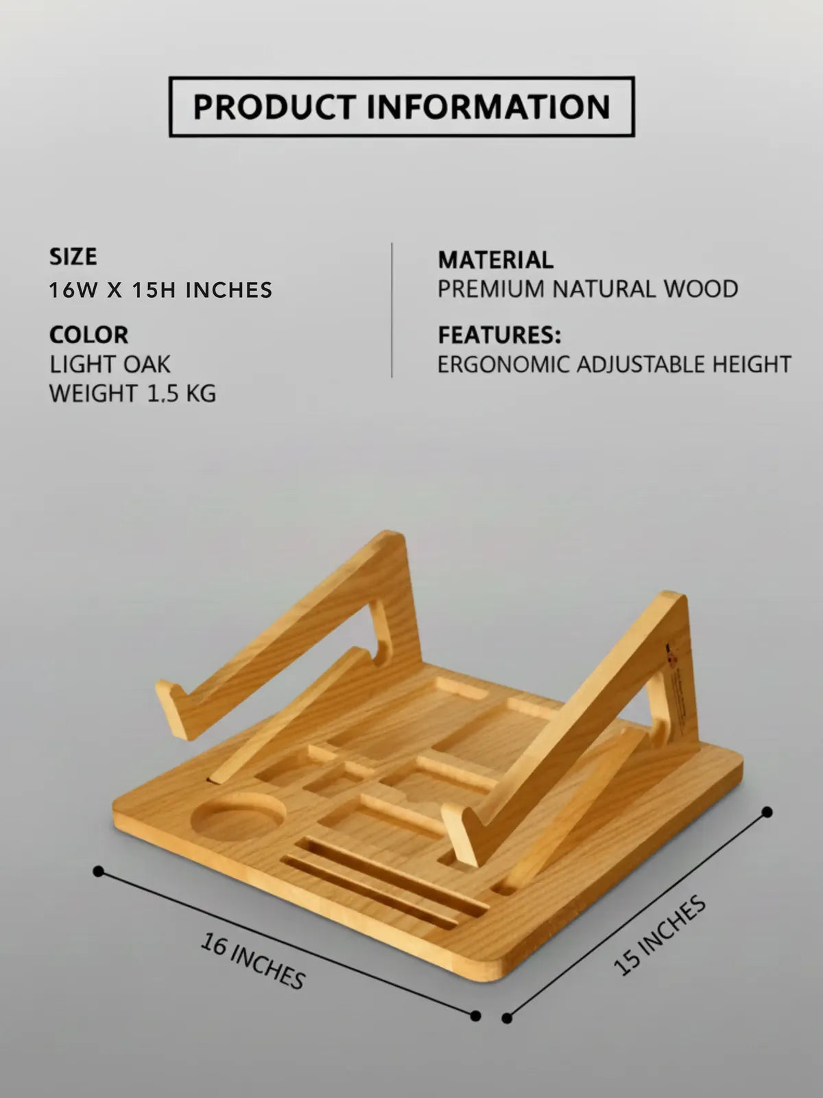 Wooden phone stand with product information on a gray background