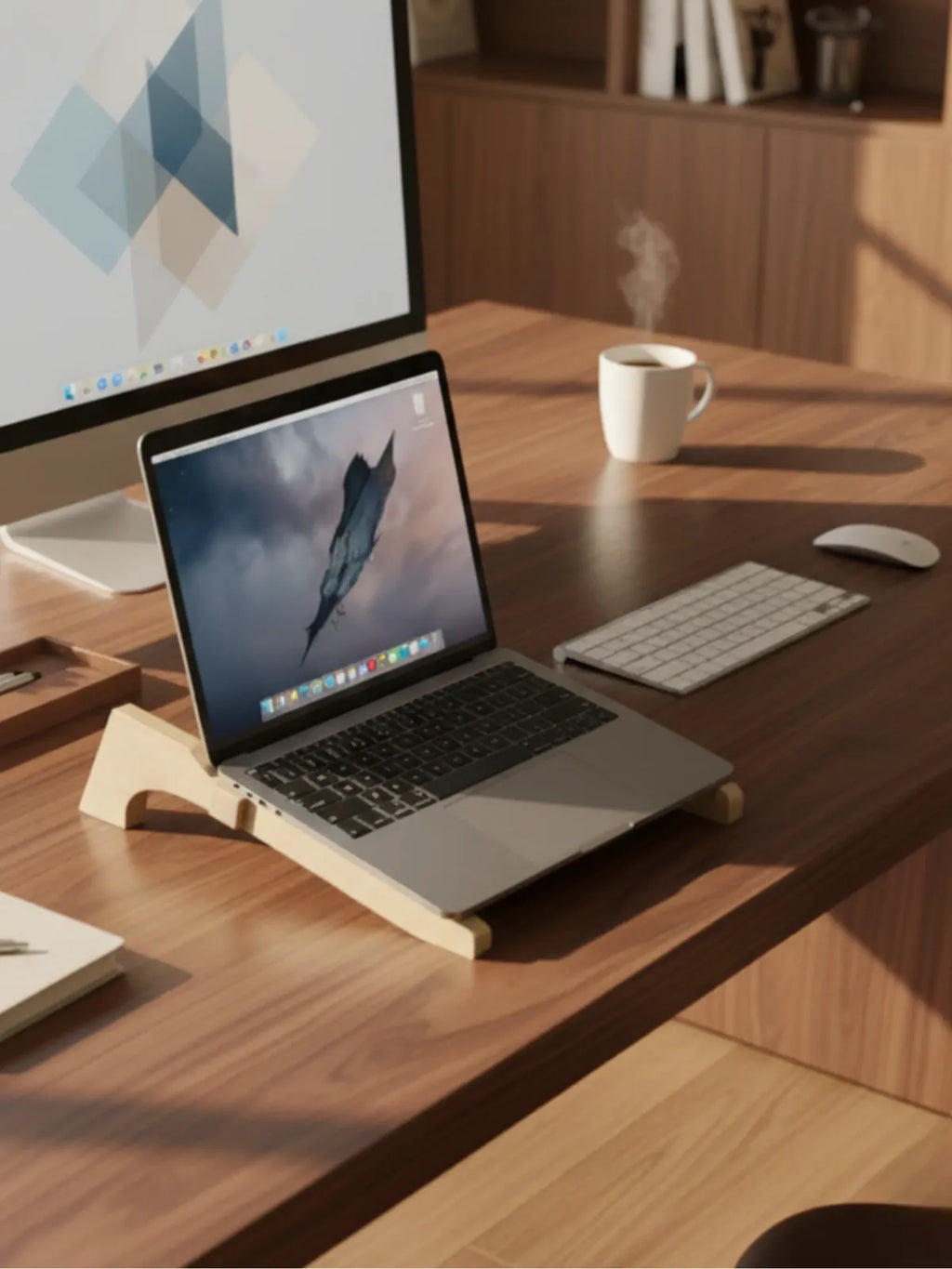 Laptop on a wooden stand with a monitor, keyboard, and coffee cup on a wooden desk.