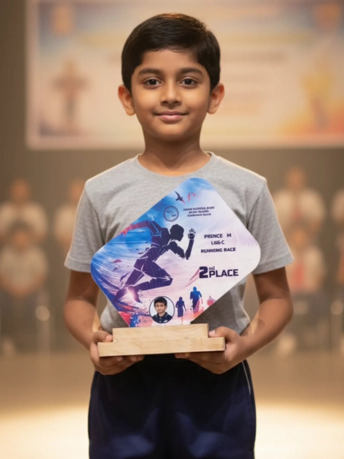 Running race trophy displayed in sports day award ceremony setting