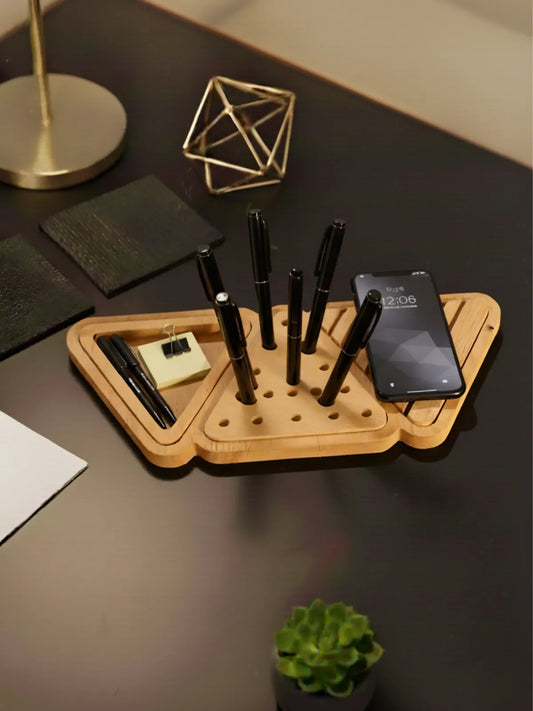 Wooden desk organizer bamboo with pens phone holder India - Multipurpose sustainable office decor storage for modern workspace desk accessories