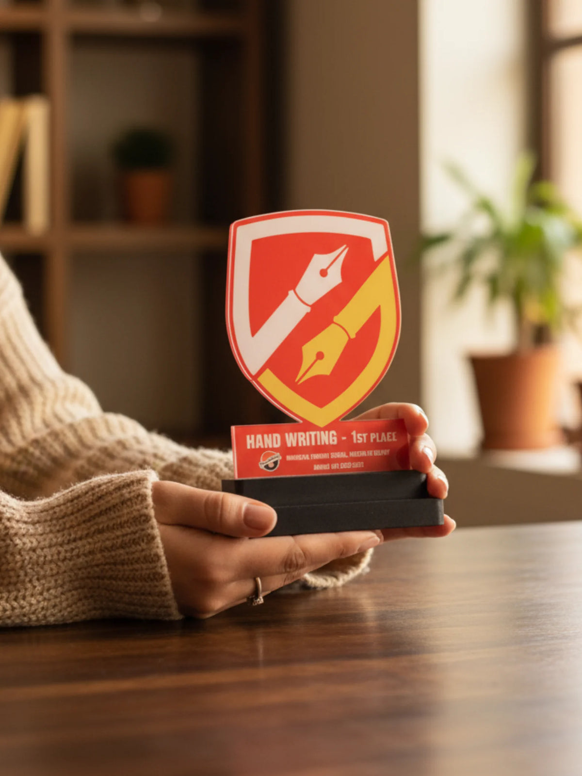 Handwriting First Place Trophy with shield design featuring academic award recognition for penmanship and writing competitions