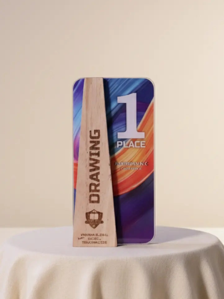 Colorful trophy with '1 Place Drawing' text on a beige background