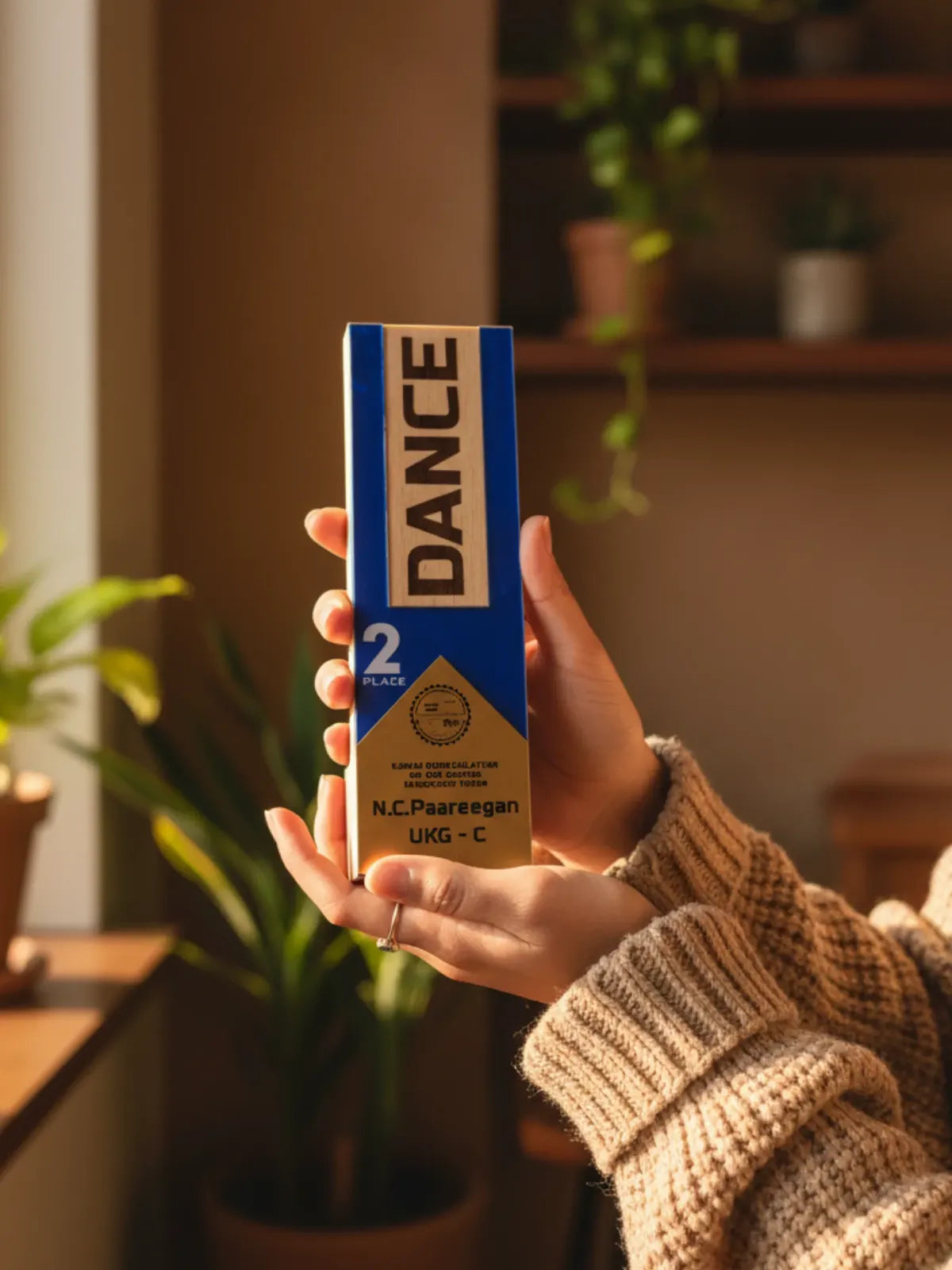 Hand holding a box of 'Dance' brand product in a home setting with plants in the background
