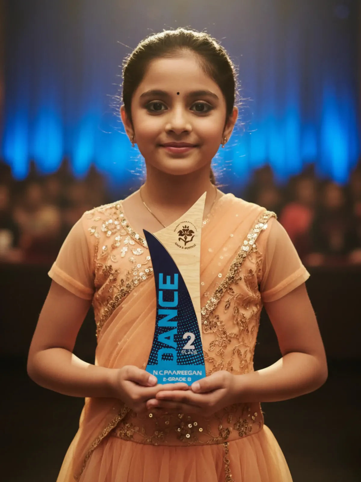 Young girl holding a dance award on a stage with blue curtain background