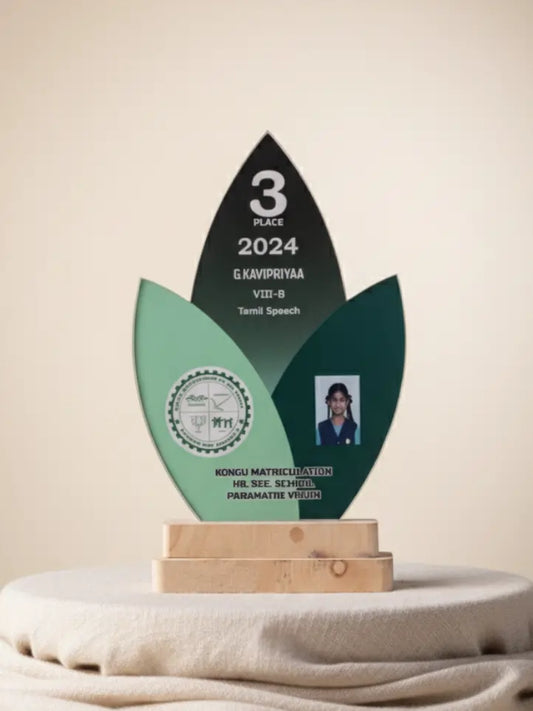 Awards with a leaf design on a beige background