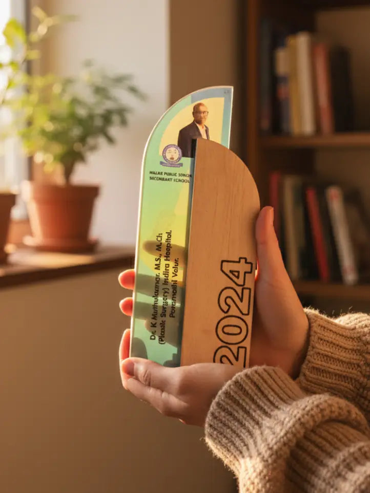 Hand holding a wooden award with '2024' on it, in front of a bookshelf and plant.